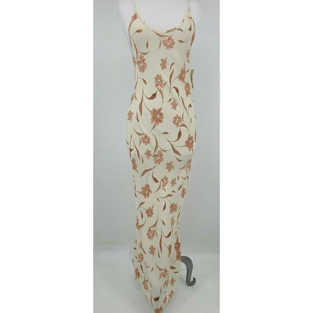 New Flynn Skye Maxi Slip Dress Womens XS Ivory Floral Rayon Spaghetti Strap